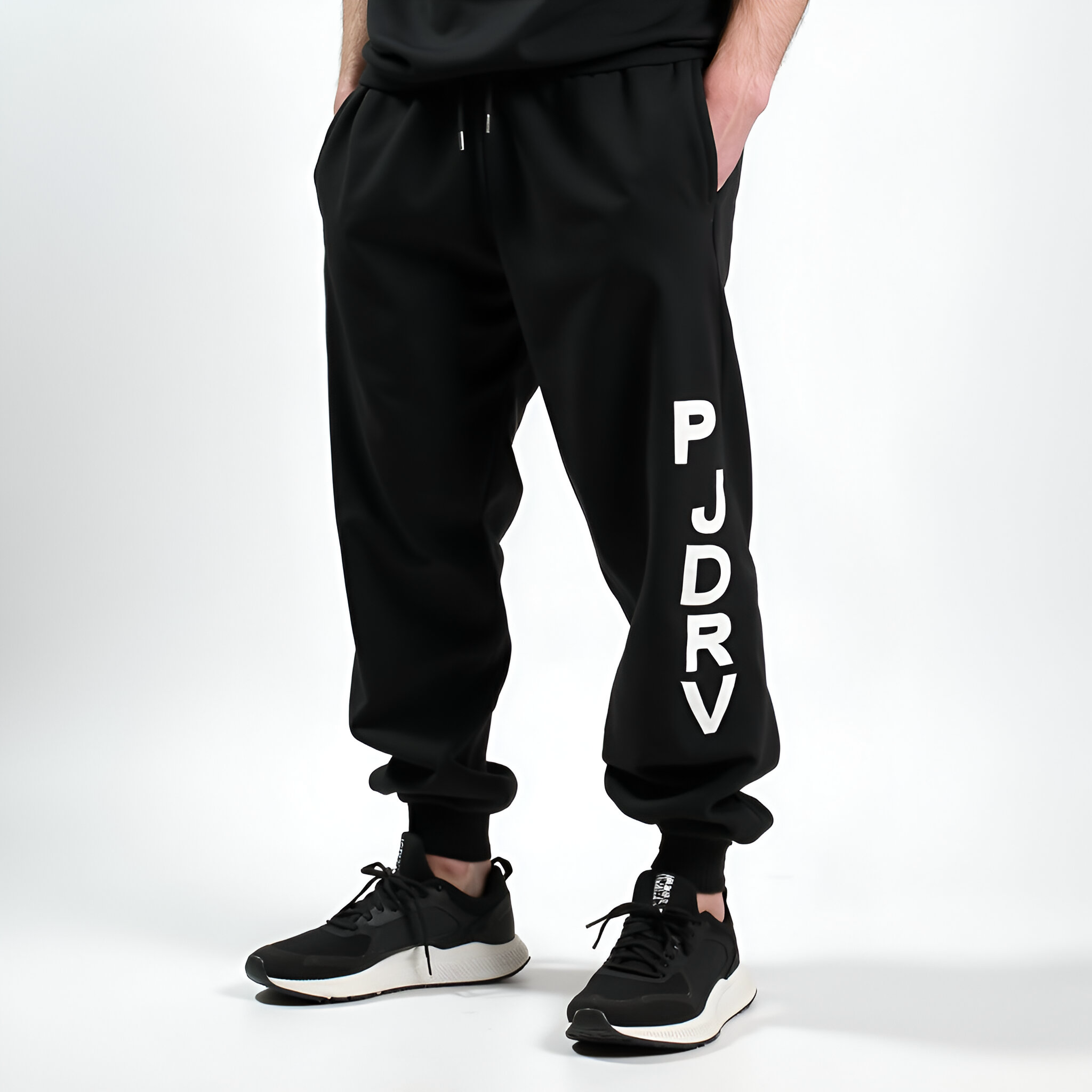 pjdrv-Men's Black Jogger Pants with Bold Lettering